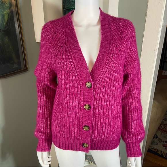 LOFT Fuchsia Pointelle Button-Up Sweater Cardigan Large Fuzzy - Picture 2 of 12